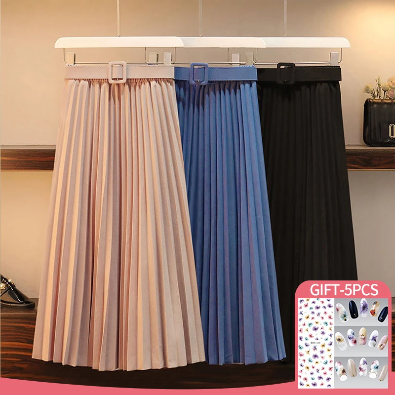 

Summer Casual Loose Pleated Skirts Women Clothes Korean Fashion Grace High Waist Skirt Solid Color Mid-Length Women's Skirt+Belt