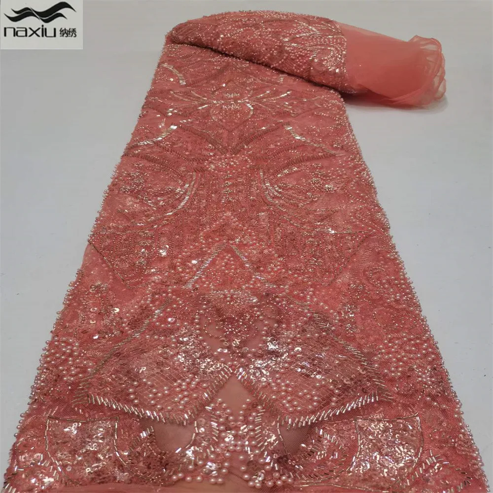 

Madison African sequins Lace Fabric Embroidery French Handmade Beaded Lace Fabric High End Mesh Material For Nigeria Party