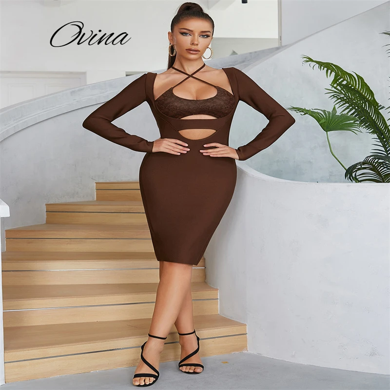 

Sexy Cross Frenulum Halterneck Lace Women's Bandage Long Sleeve Solid Tight Knee Length Party Club Dress