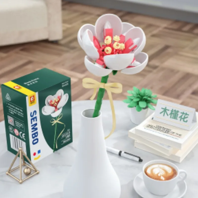 

Building blocks bouquet 3D model toy home decoration plant hibiscus flower white assembled building blocks girl toy children's