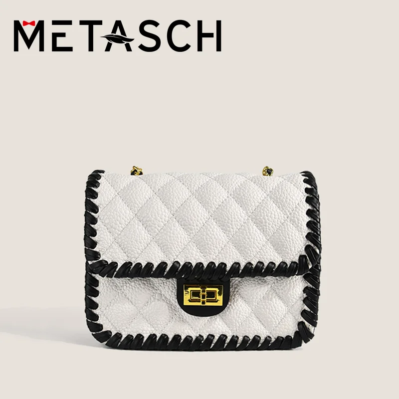 

METASCH 2022 New Retro Diamond Lattice Panelled Contrast Chain Shoulder Bag Fashion Versatile Luxury Crossbody Small Square Bag