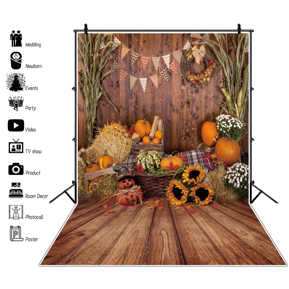 

Laeacco Rustic Wood Barn Interior Photo Background Sunflower Pumpkin Newborn Baby Shower Halloween Portrait Photography Backdrop