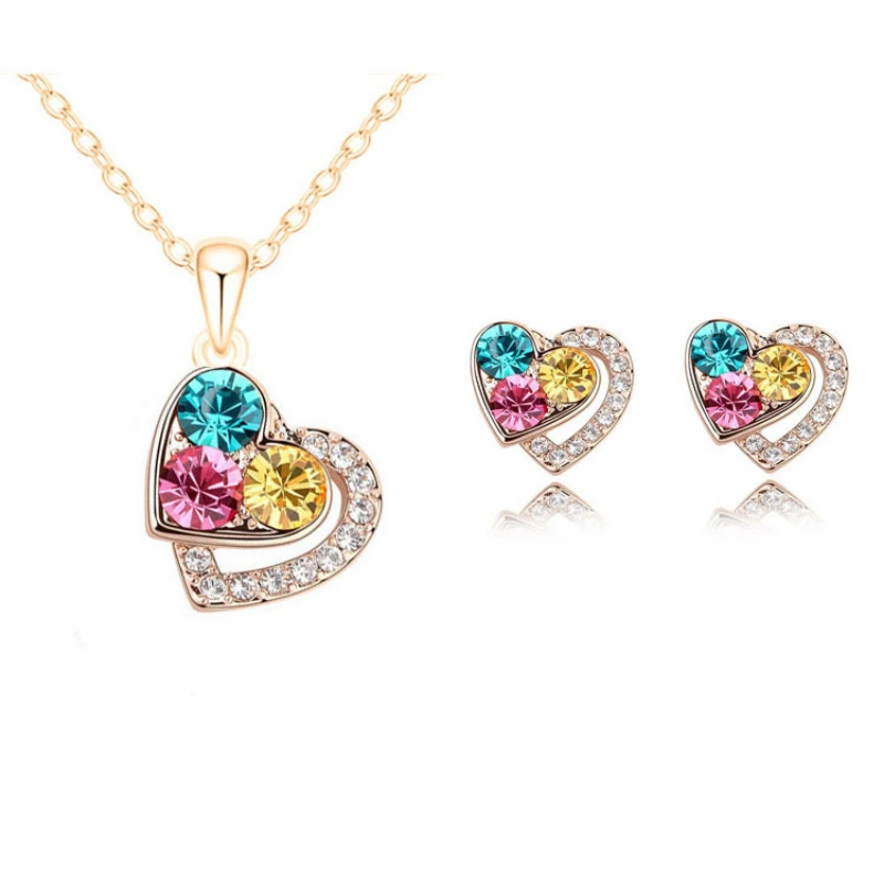 

New Love CZ Lady Earrings Lady Necklace Set Colorful Full Diamond Love Pendant Necklace Earrings Engagement Wedding Set Jewelry