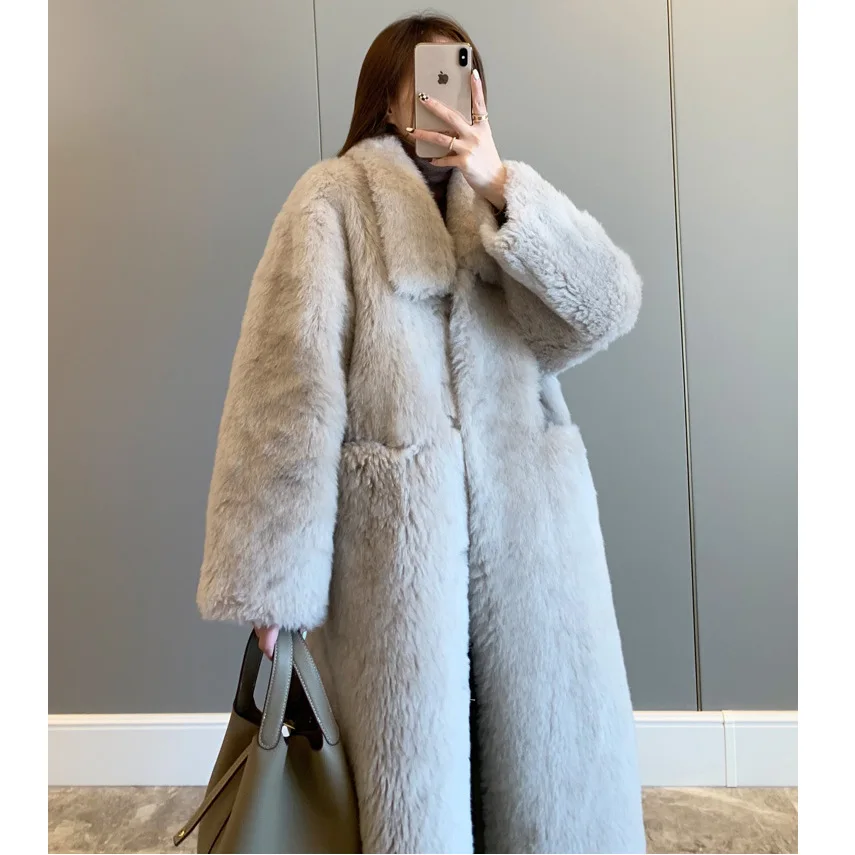 Lamb wool, sheep shearing coat, women's fur, women's medium length, loose