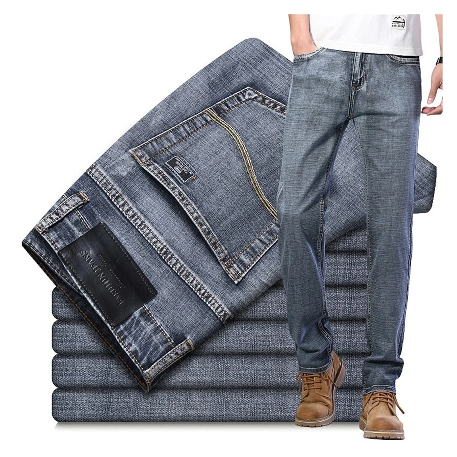 

Xfh Men Classic Jeans Soft Black Biker Masculino Denim Overalls Mens Pants