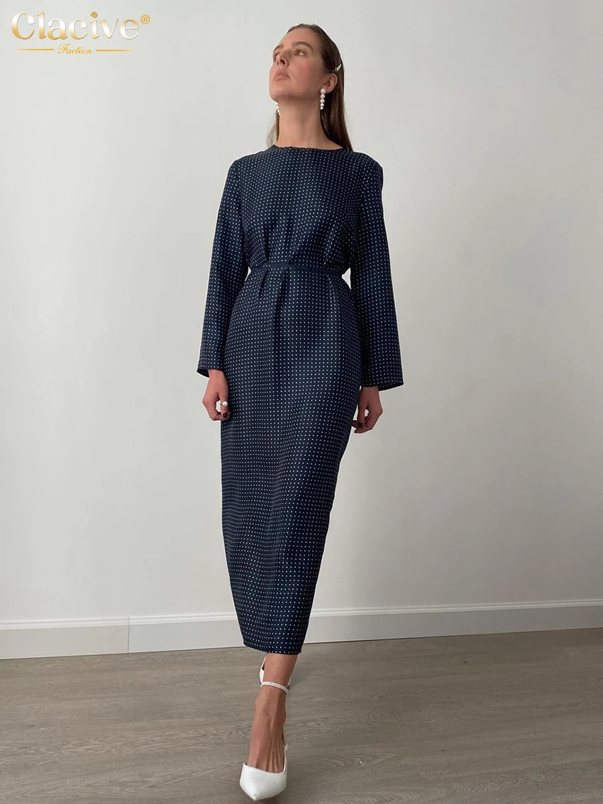 

Clacive Fashion Loose Print Women Dress 2023 Elegant O-Neck Long Sleeve Office Midi Dresses Casual Lace-Up Classic Female Dress