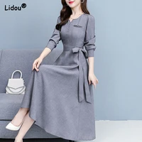 v neck elegant fashion long sleeve button elastic waist belt dress comfortable simple solid color autumn womens clothing 2022