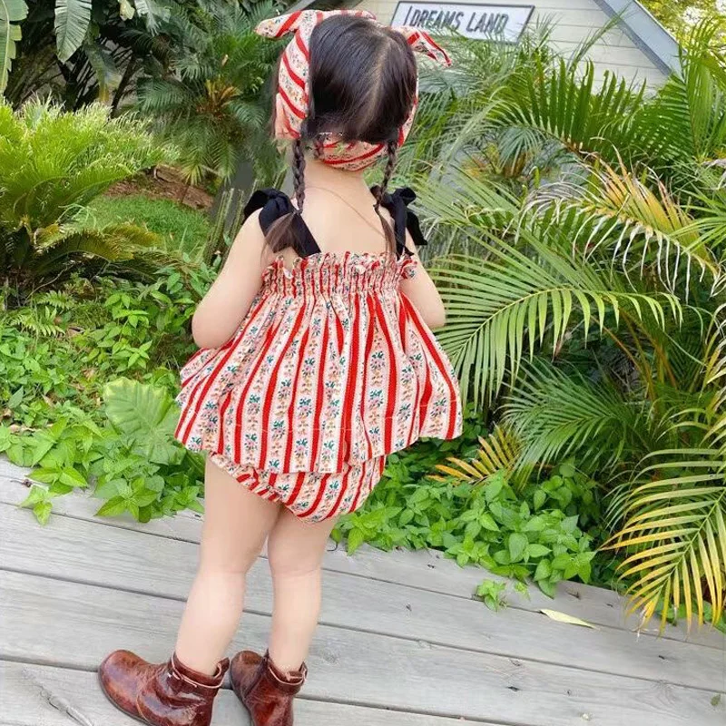 Комплект одежды для девочек новое летнее детское зеленое платье в полоску с