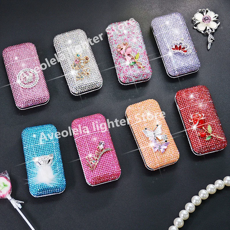 

Handmade Rhinestone Fashion Electronic Cigarette Cases with Metal Windproof Inside Unusual Lighters Ladies Gift