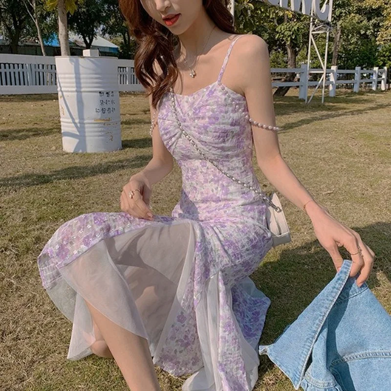 

2021 Summer Women New French Style Purple Floral Print Spaghetti Straps Dresses Casual High Waist A-line Sweet Slim Long Dress