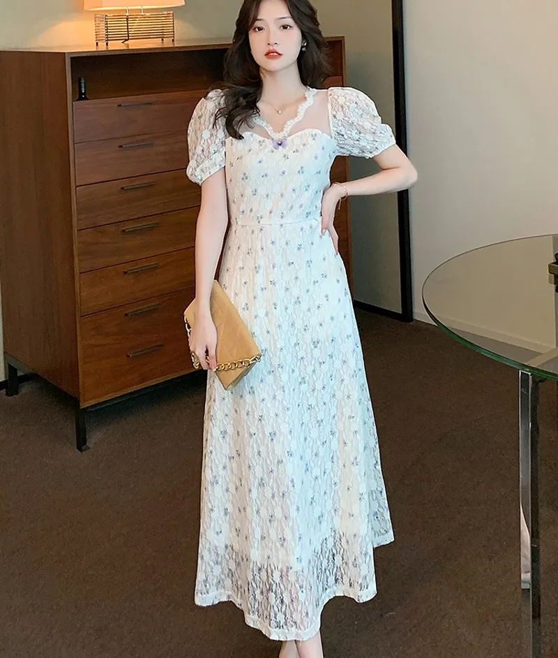 

Женское модельное платье с цветочным принтом, элегантное кружевное платье с V-образным вырезом, лето 2022