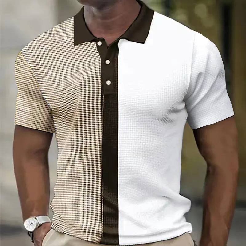 

Fashion Patchwork Contrast Color Men's Polo Shirt Casual Loose Button Lapel Short Sleeve Tops Men Clothes Spring Summer