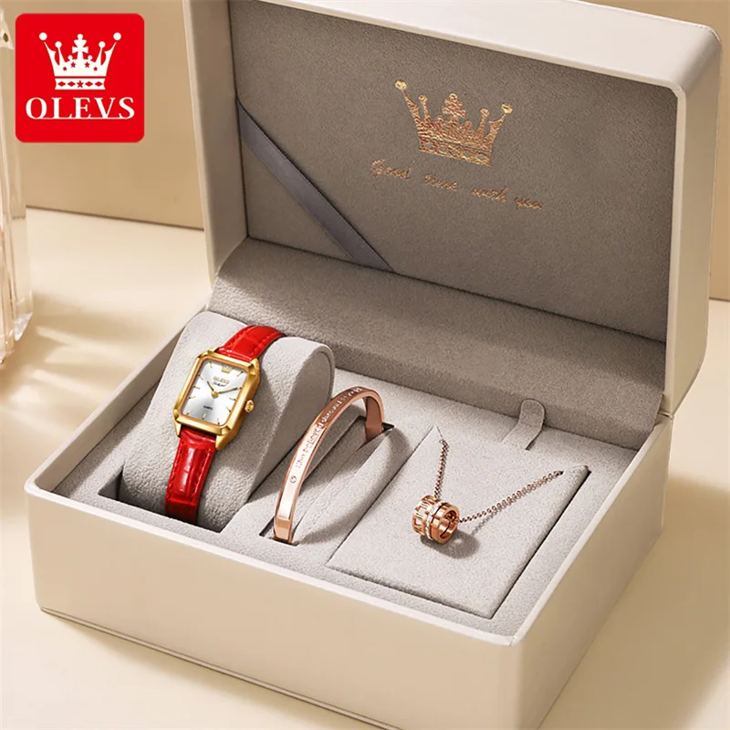 OLEVS 2023 New Fashion Women Bracelet Necklace Set Quartz Watches Top Brand Luxury Leather Elegant Ladies Watch Relogio Feminino
