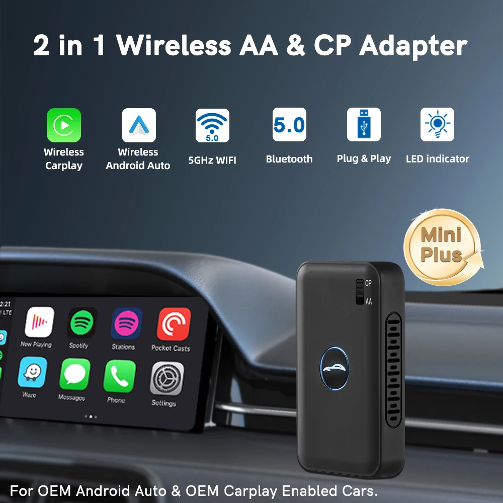 LED Mini 2 в 1 беспроводной Carplay и Android автомобильный адаптер для автомобиля проводной
