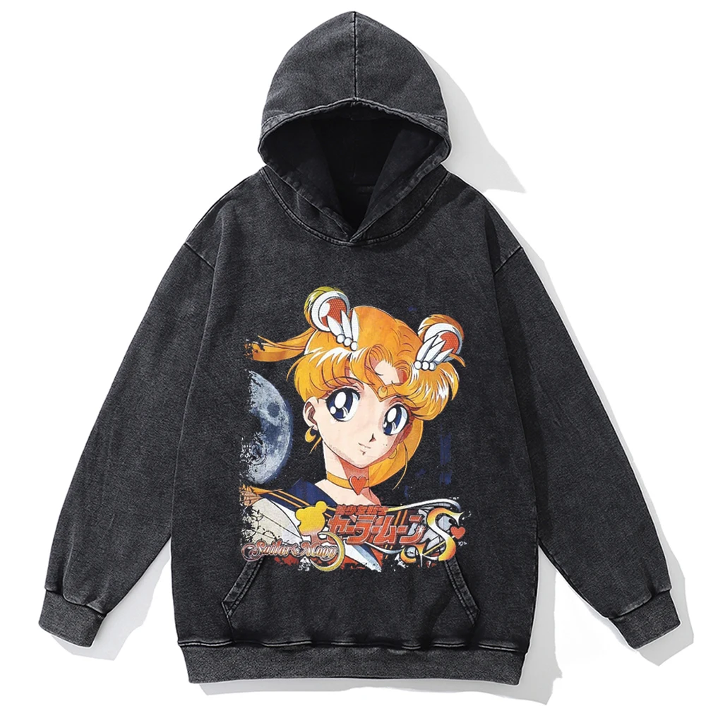 

Anime Sailor Moon Hoodie Men Women Hip Hop Vintage Washed Oversized Hoodies Streetwear Pullover Cotton Sweatshirt Men Clothing