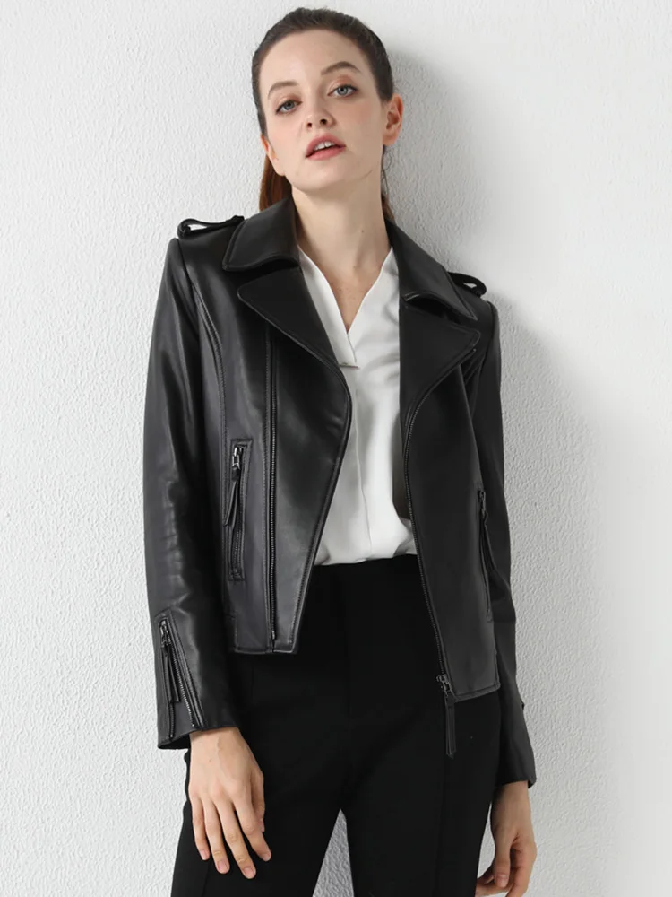 New Women Genuine Leather Jacket Spring Autumn Fashion Long Sleeve Soft Sheepskin Short Biker Coat Rose Slim Outerwear Female