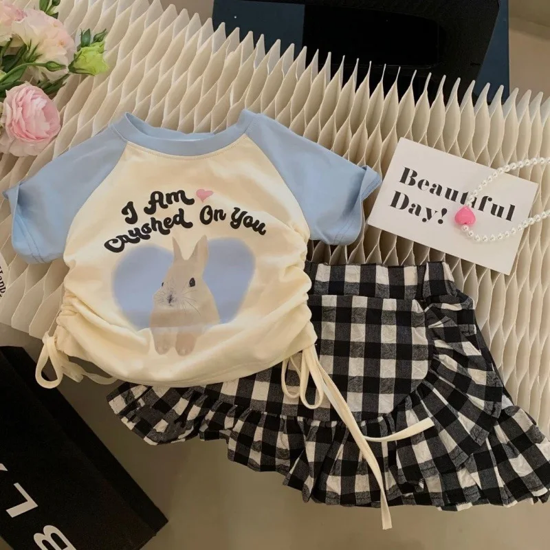 

HoneyCherry Summer New Love Bunny Printed Drawstring Letter T-Shirt Baby Short Sleeve Set Ruffle Skirt Pants Girl Clothes