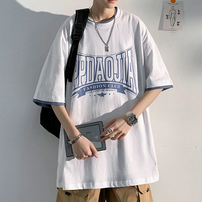 

NoEstaMal 2022 Summer Fake Two Piece Men T Shirt Harajuku Cotton Letter Print Tshirts Short Sleeve Casual Male Tees Streetwear