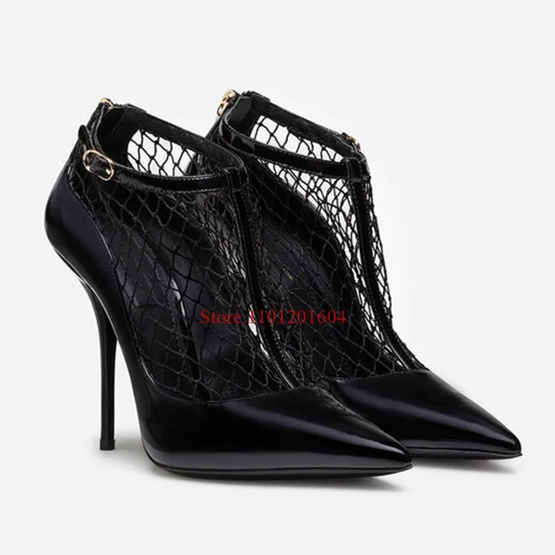 

Женские сетчатые сандалии в клетку, босоножки в сеточку, заостренный носок, кожаный чехол, высокий каблук, молния, рукав, дизайнерская Новая ...