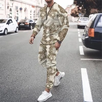 2022 new spring and autumn printing mens tracksuit retro man o neck long sleeved trousers two piece set casual street clothing