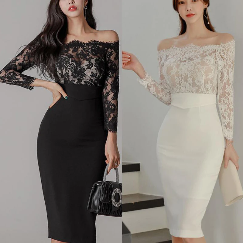 

Elegant Off Shoulder Evening Mid Dress Lady Lace Splicing Polyester Long Sleeve Robe Sexy Slim High Waist Package Hip Party Gown