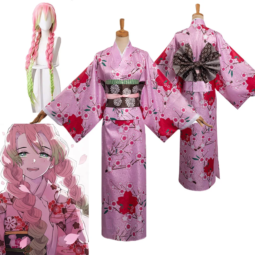 

Kanroji Mitsuri Cosplay Costume Anime Demon Slayer Kimono Wigs Fantasia Disguise Halloween Carnival Party Suit For Female Girls