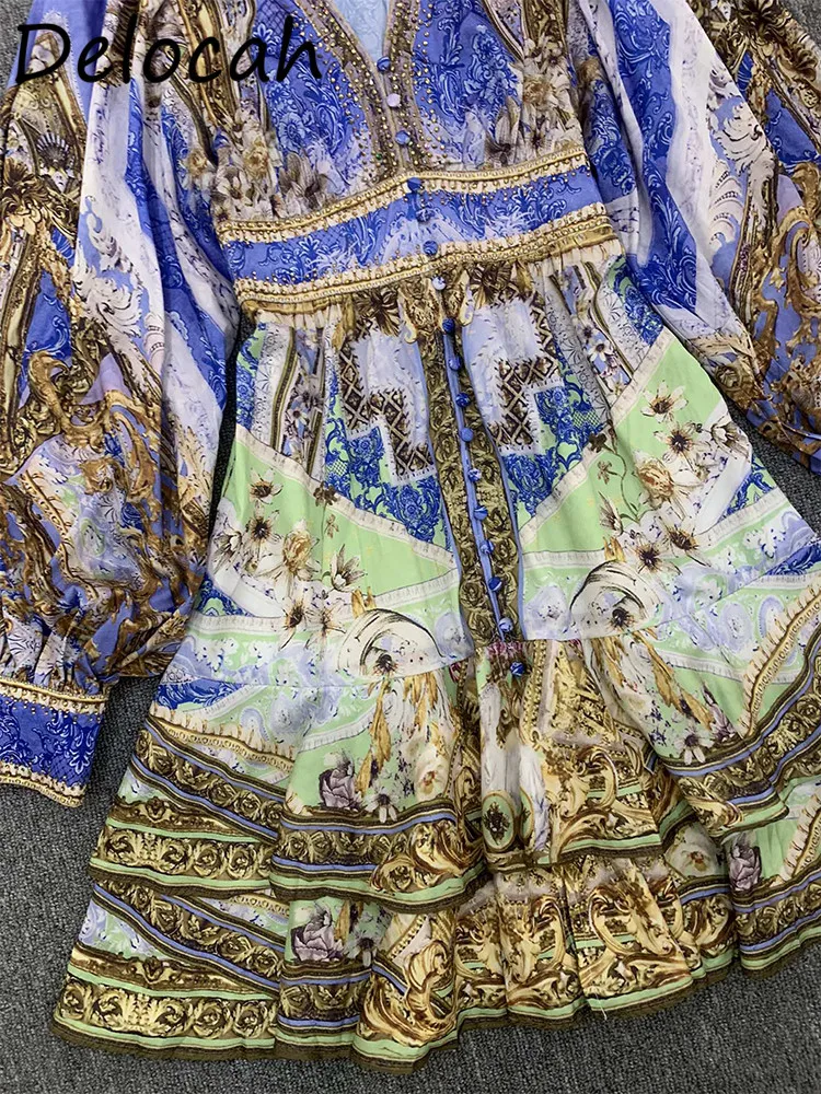 Богемное модное однобортное платье-мини Delocah с рукавами-фонариками и V-образным