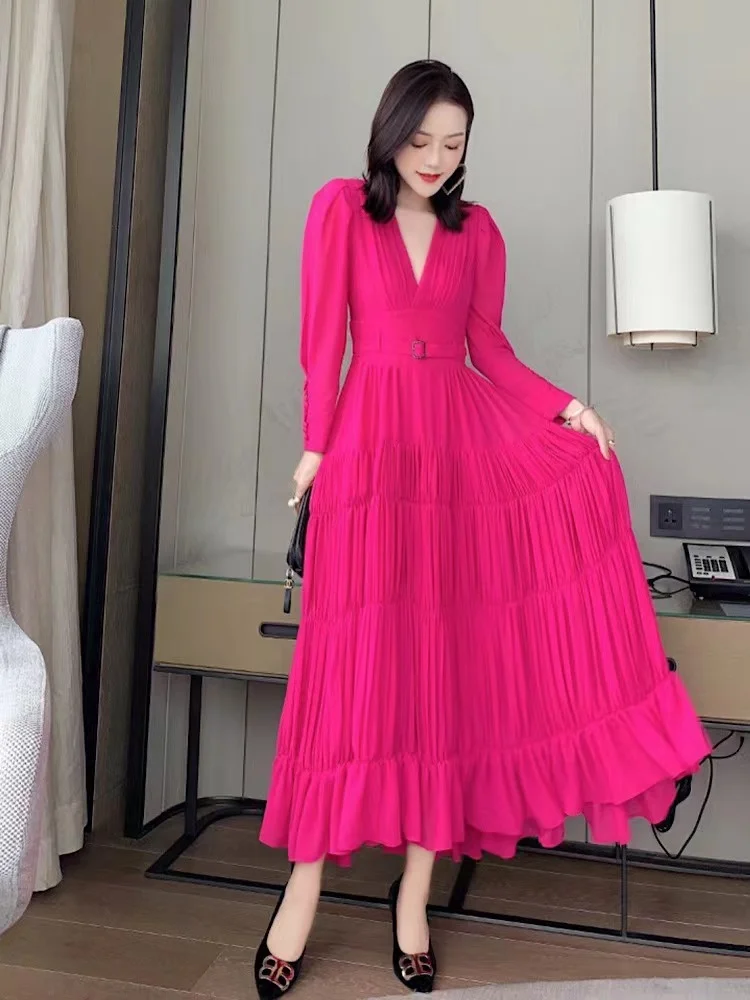 

Высококачественное приталенное темпераментное платье, осенняя Женская одежда, красивое плиссированное платье во французском стиле, Макси-платья для женщин