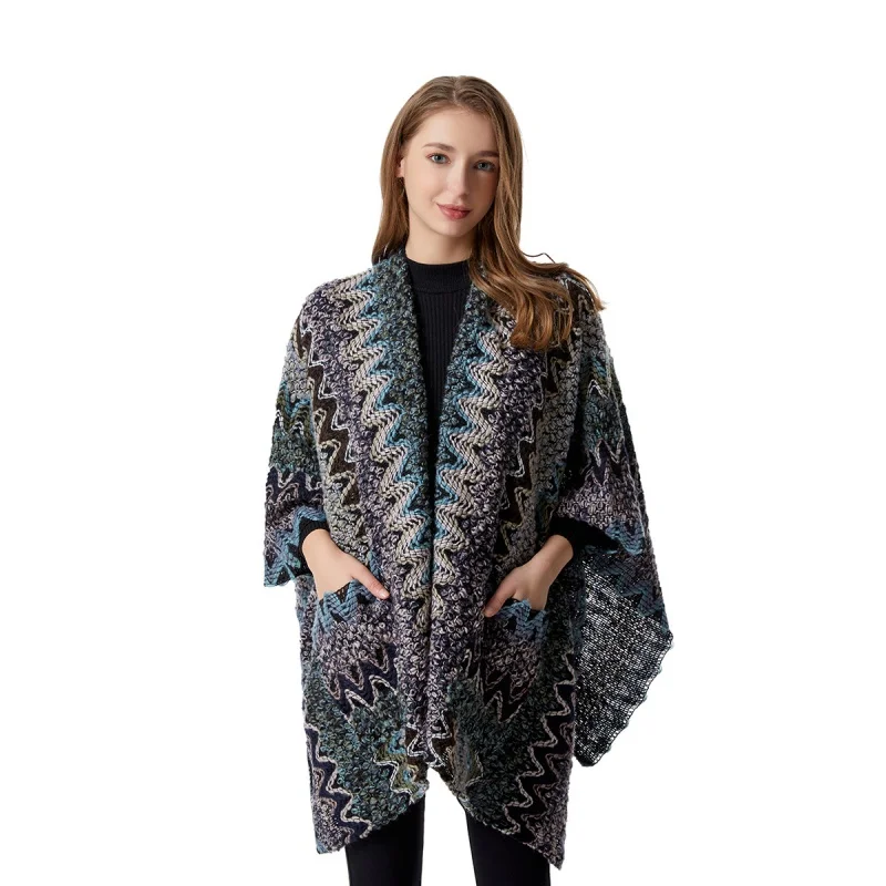 

2022 New Autumn and Winter Bohemian Style Thick Thread Ethnic Style Knitted Cardigan Versatile Pocket Shawl Sweater Coat