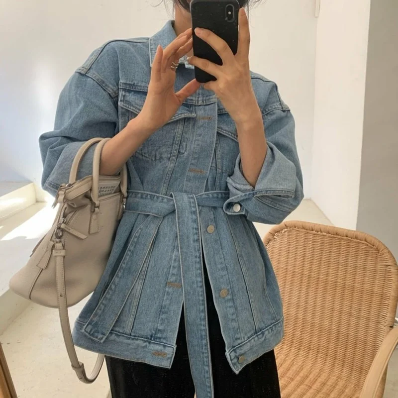 

2021 Summer New Korean Fashion Chic Denim Jackets for Women Sashes Loose Jeans Coat Female Casual Vintage Y2k Blue Ladies Coats