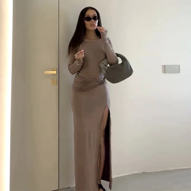 Облегающий топ с круглым вырезом и длинными рукавами сексуальная юбка разрезом