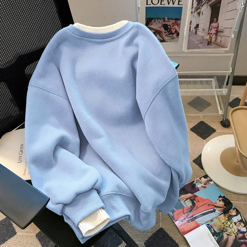 

Autumn Winter Harajuku Style Women Round Neck Sweatshirts Solid Color Fake Two Pieces Pullover Korean Fashion Sweatshirt Tops