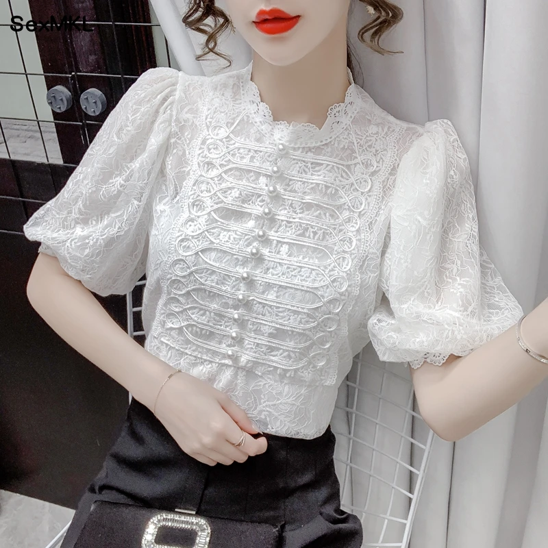 

Vintage Puff Sleeve Ladies Tops Summer 2023 Fashion Short Sleeve Casual Blouses Korean Style Beading White Black Lace Shirts y2k