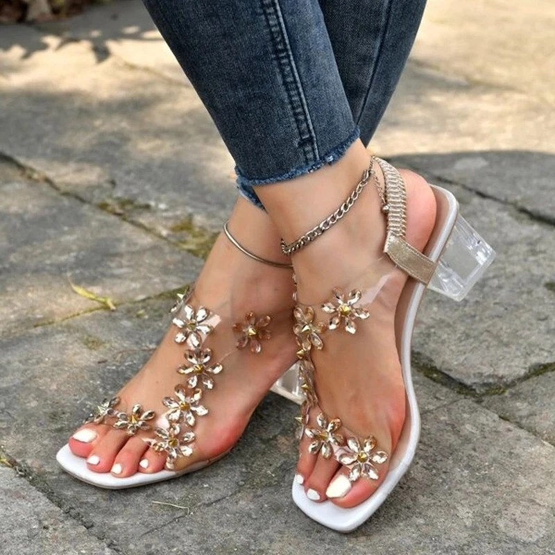 

Maogu Crystal Heel Rhinestone Flower Ladies Shoes Heels Fashion PVC Summer Woman Sandal Designer Sandals Women's 2023 Sandalias