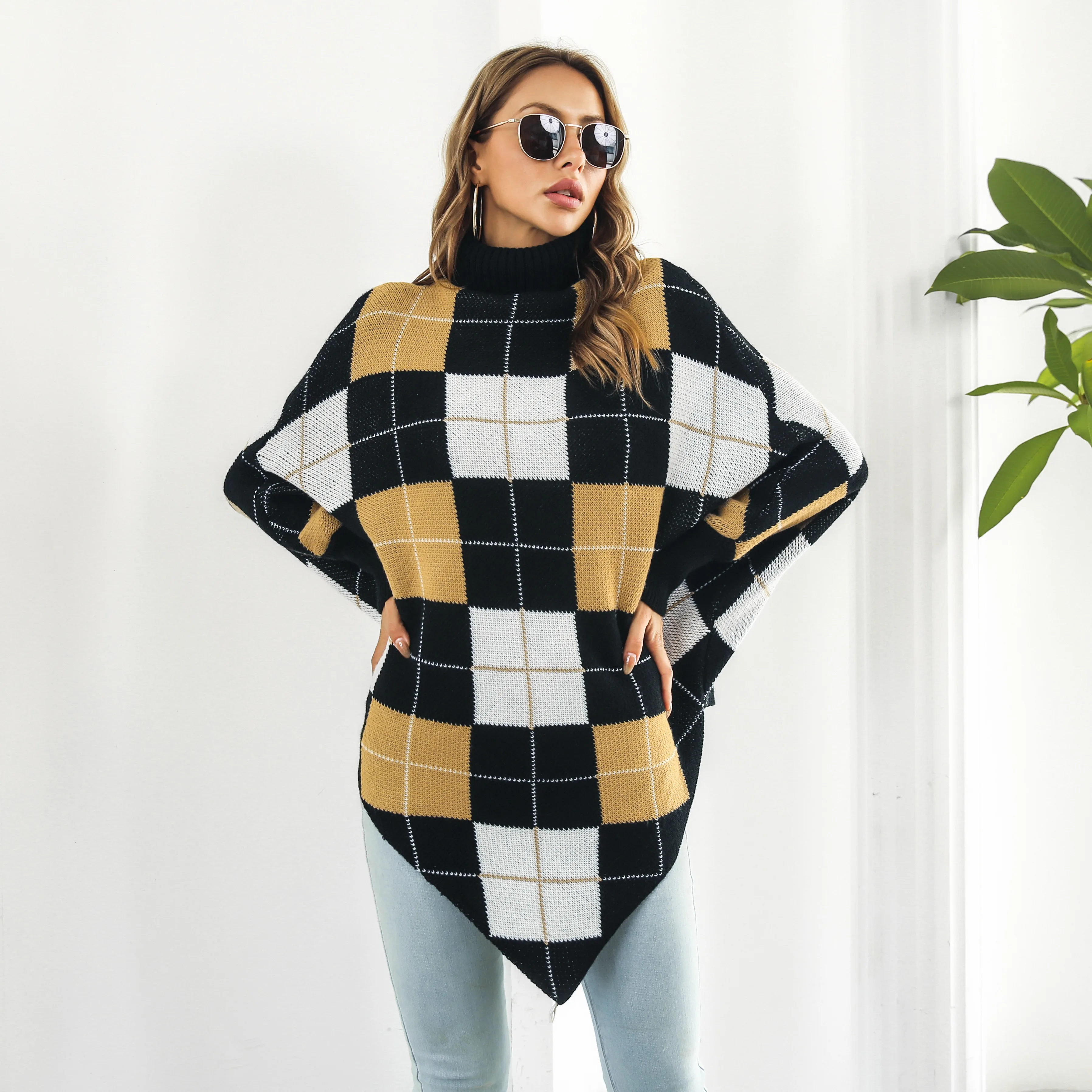 

2023 Fashion Plaid Jacquard Cloak Sweater Coat Women's Mid Length High Neck Bat Sleeve Tops Y2k