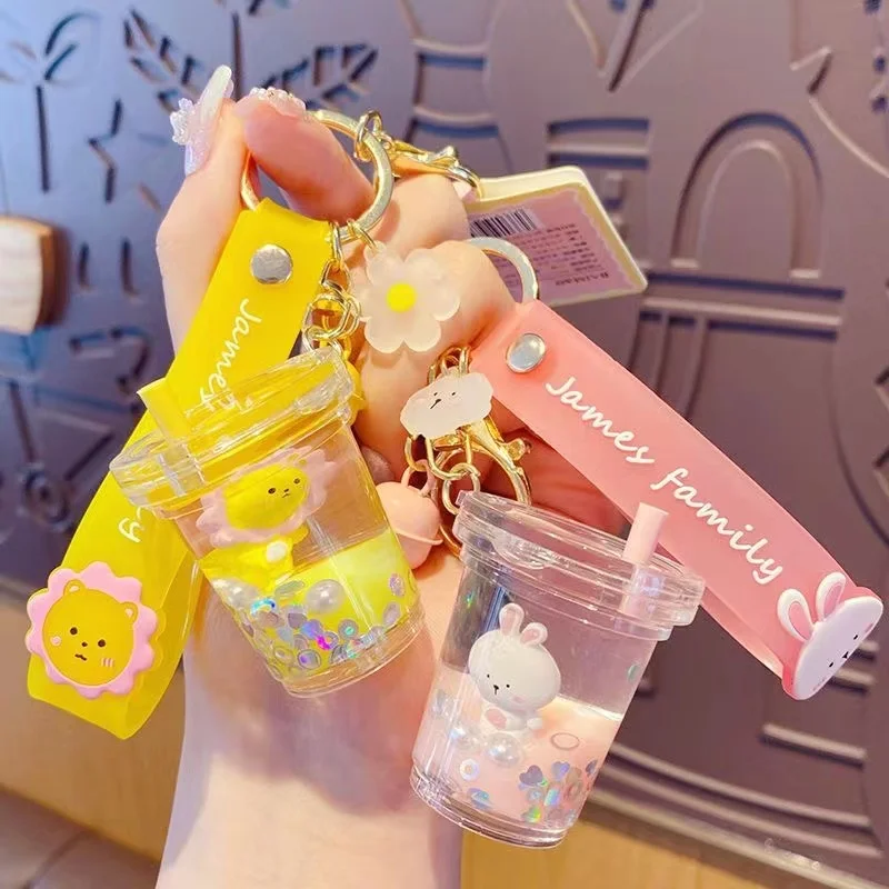 

Cartoon Tiger Rabbit Milk Tea Cup Liquid Keychain Cute Floating Quicksand Animal Keyring Women Bag Pendant Keyfob Gifts