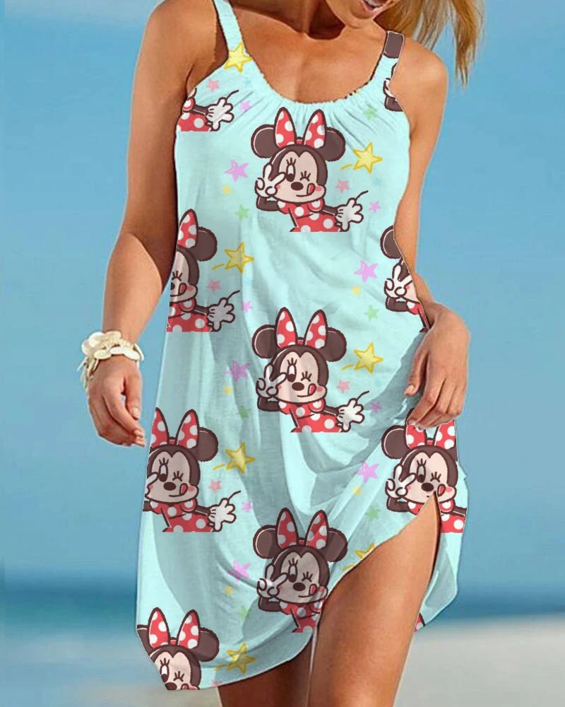 

Summer Disney Minnie Mouse Ladies Sexy Beach Dress 3D Tie Dye Rainbow Sling Retro Beachwear Fashion Party Dress