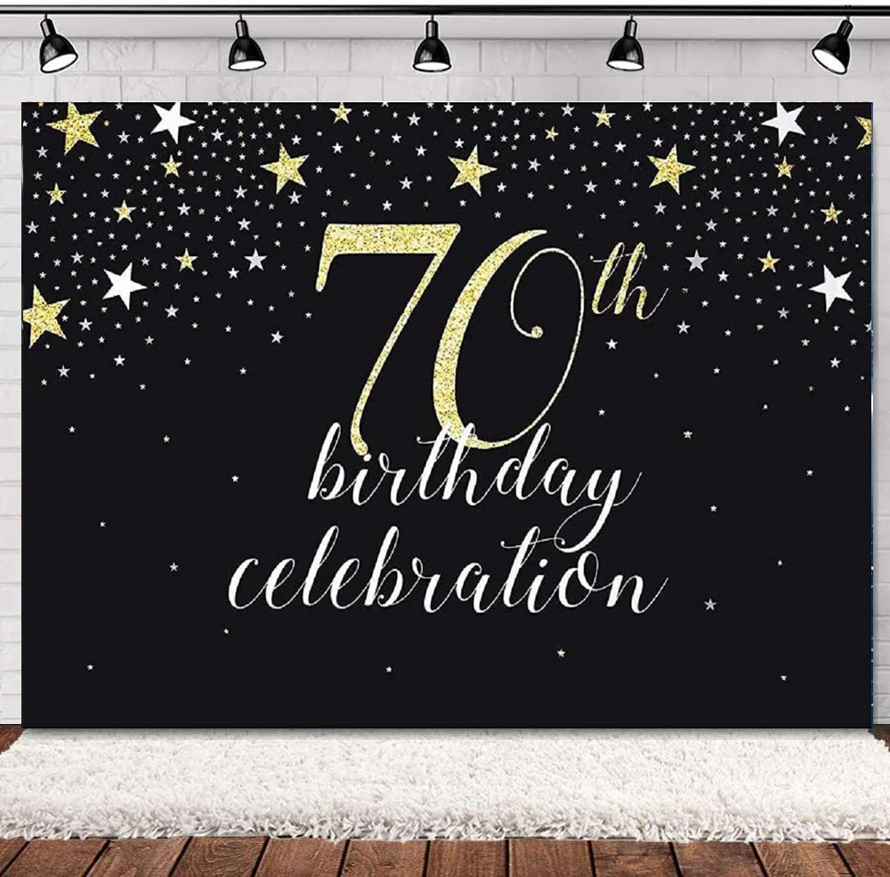 

Photography Backdrop 70th Birthday Party Banner Minimalist Stars Spots Black Background Photo Booth Party