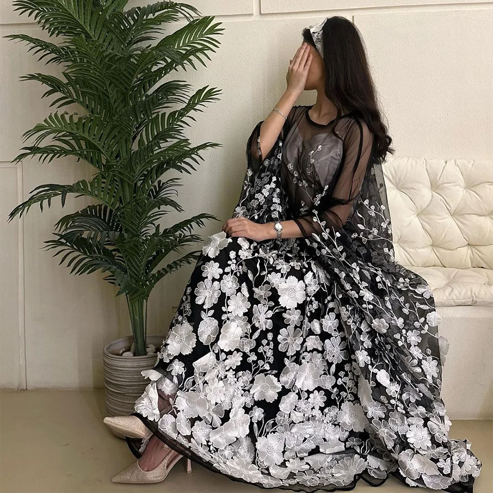

Xijun Elegant 3D Flowers Floral Tulle Prom Dresses O-Neck Long Sleeves Saudi Arabic A-Line Evening Gowns Formal Party Dress