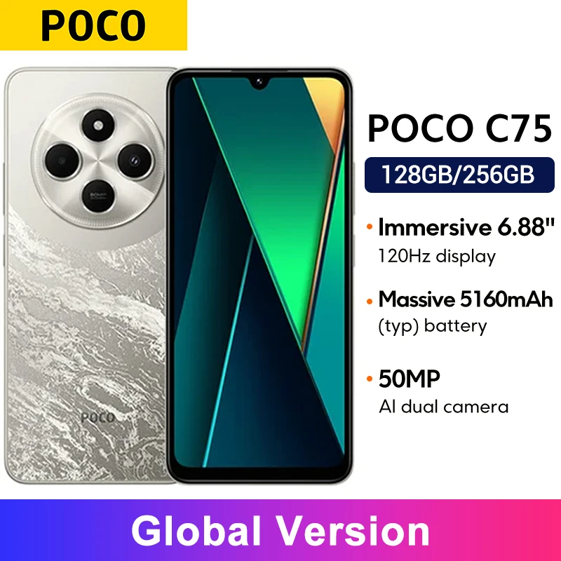 Фото POCO C75 Глобальная версия Helio G81-Ultra 50MP AI двойная камера 5160 мАч аккумулятор Xiaomi HyperOS NFC 6,88 ''дисплей 120 Гц №1