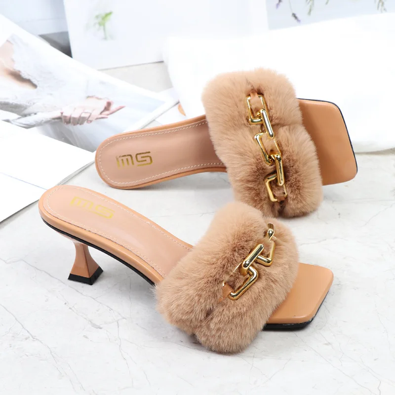 

Summer Women High Heels Sandals Mules Slides Low Metal Chain Furry Slippers Sexy Outdoor Shoes Fluffy Zapados Mujer