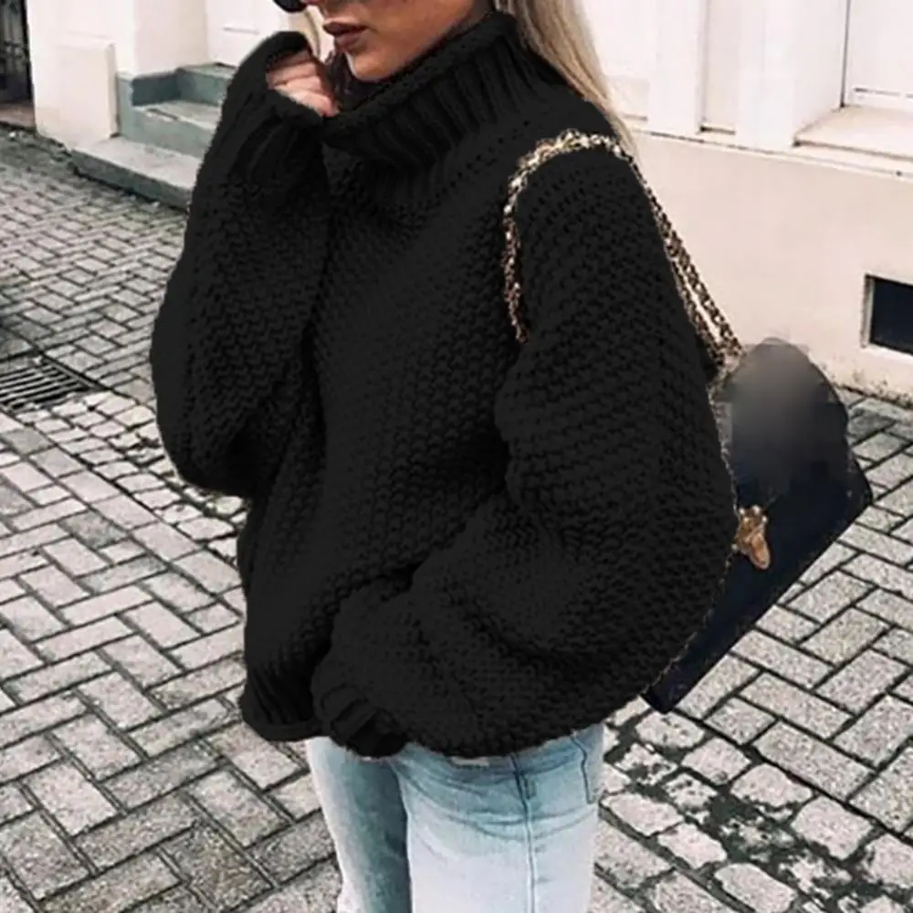 

Women Sweater Solid Color Turtleneck Batwing Sleeve Knitted Sweater Loose Pullover Top for Winter Female Clothing