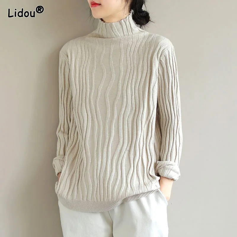 

Screw Thread Pleated Slim Stripe Sweaters Thin Pullovers Autumn Winter Women's Clothing 2022 Half High Collar Straight Bottoming