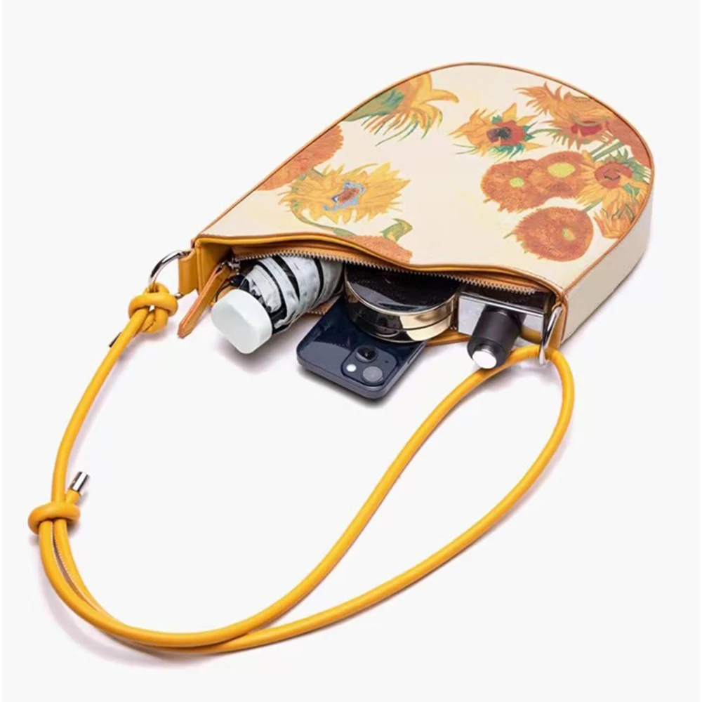 Sunflower Saddle Bag Oil Painting Women Shoulder Bag Knot Handle Handbags and Purses Mini Shopper Bags for Women 2023 Tote Chic