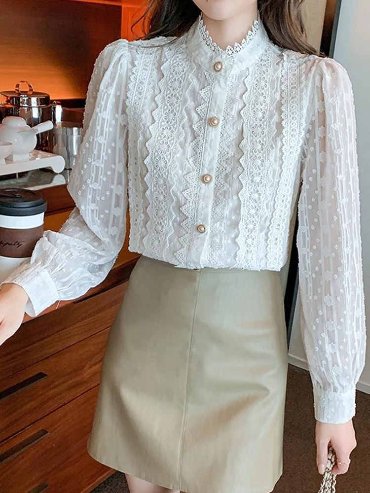 2022 белая кружевная блузка и рубашка осенние женские топы Элегантная с длинным