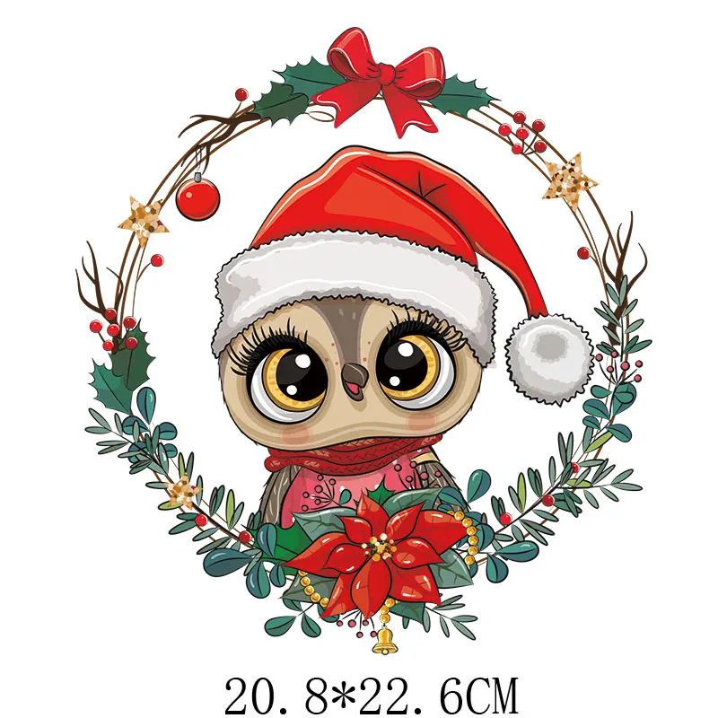 

20.8x22.6cm Cute Christmas Owl Animal Iron On Patch For DIY Heat Transfer Clothes T-Shirt Thermal Stickers Decoration Printed