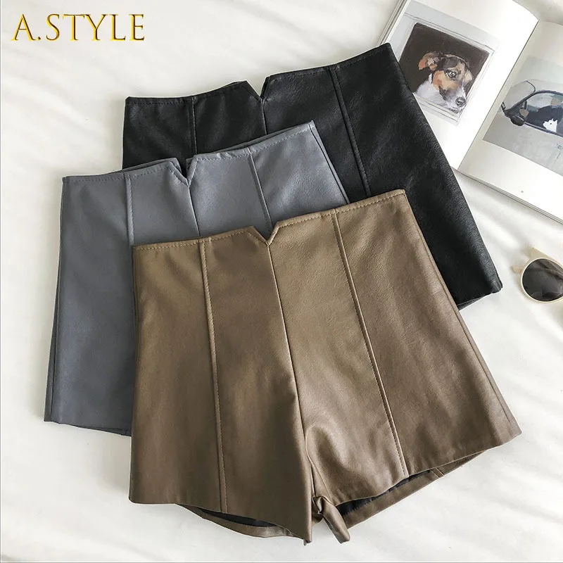 A GIRLS Shorts Women Solid Leather Zipper Korean Style Simple Design Chic High Street Slinky Slim Sexy Club Casual Ladies