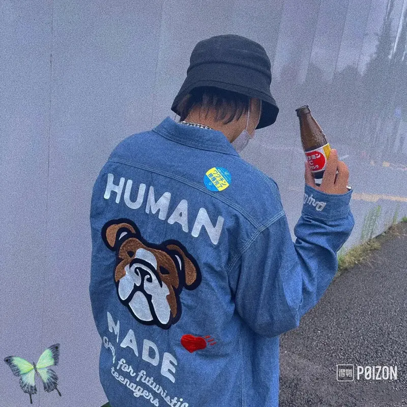 

Human Made Blue Jean Jacket Embroidery Dog Heart Pocket Denim Baseball Jacekt Cardigan