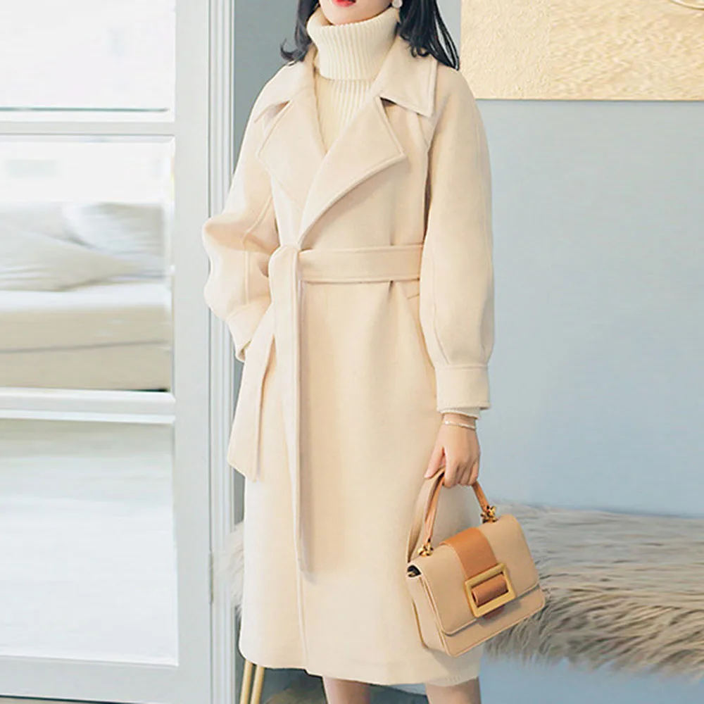 

Wool Trench Coat Plus Velvet Female Fashion Pink Elegent Long Overcoat Autumn Winter Women Casual Lantern Sleeve Slim 2023 New