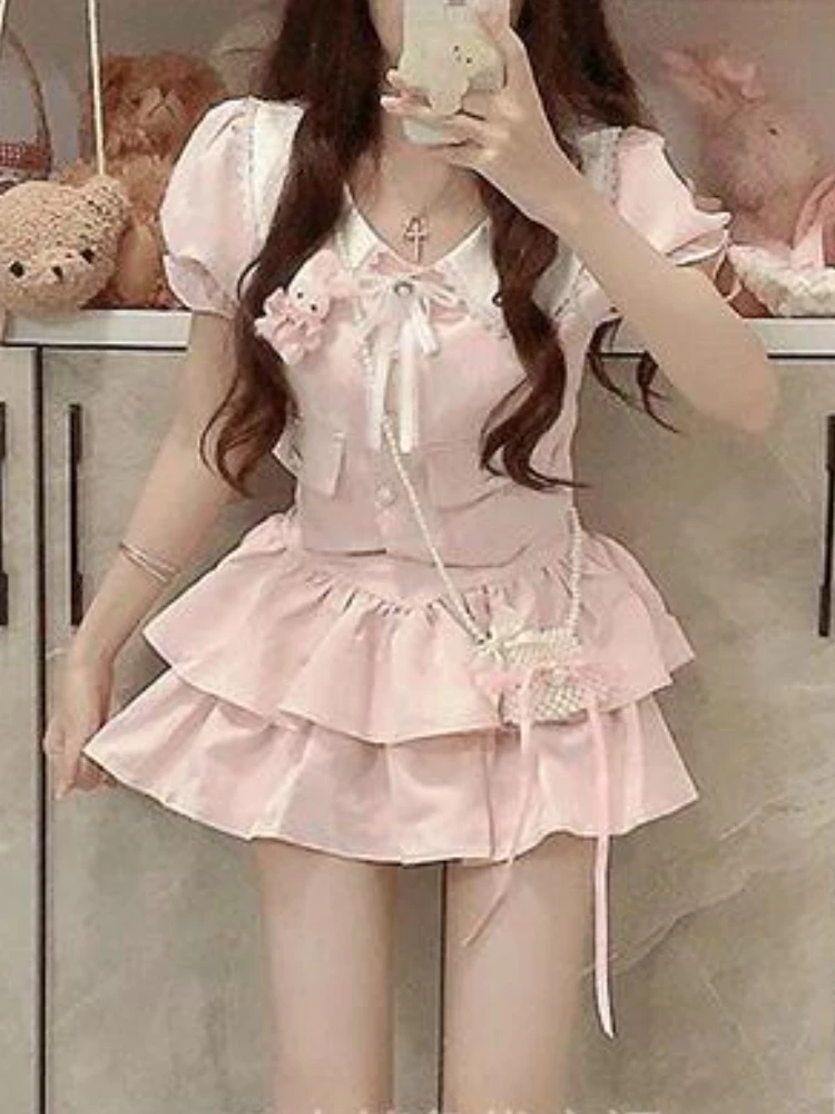 Женский комплект из 2 предметов милый кружевной топ с бантом и короткая юбка-мини